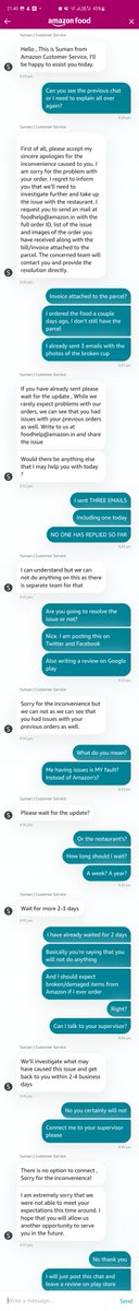ishie_nk's tweet photo. @amazonIN your customer support agent refused to address my issue. Have been emailing and chatting for 2 days without any resolution. What is wrong with Amazon foods? Do you want to get acquired by zomato like Uber Eats? https://t.co/TtMuvlPgbX