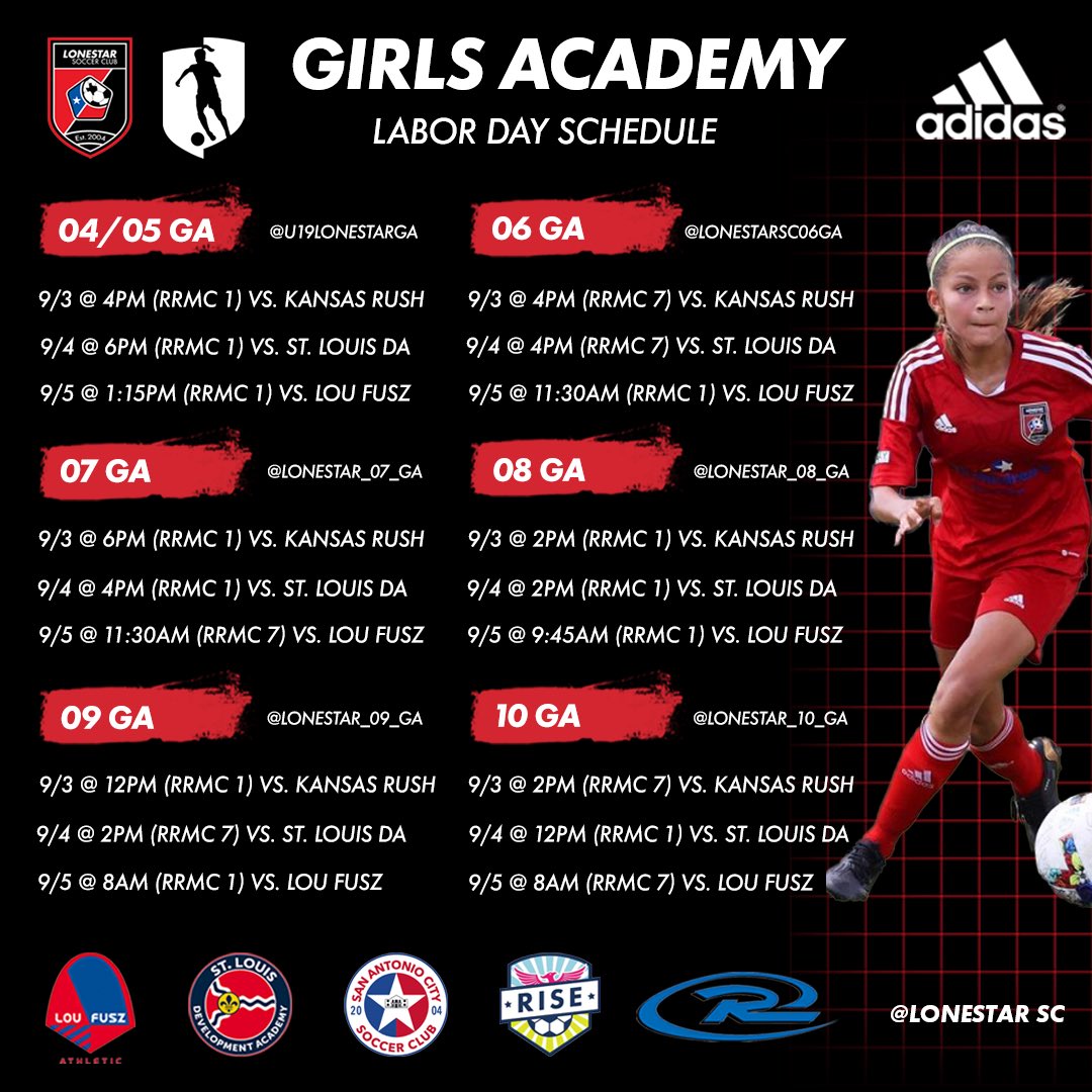 Big first round of games this weekend @roundrockmpc and a friendly #atx welcome to our fellow @girlsacademyleague clubs - see you on the field! 🤝 ⚫️🔴⚽️ #wearelonestar