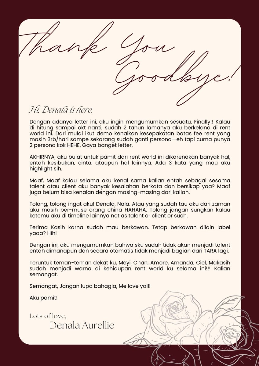 madamelodlie's tweet photo. Selamat malam
Dengan tweet dan surat ini, aku Denala  sudah bukan lagi bagian dari TARA dan tidak akan menyediakan jasa lagi.

Kedepannya ini akan menjadi akun  yang belum tau kegunaaannya. Tapi apapun yang nantinya ada disini, sudah tidak relate as talent rent world lagi.
Bye!❤️ https://t.co/3OeXOJIsKx