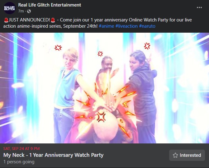 MyNeckOfficial's tweet photo. 🚨JUST ANNOUNCED!🚨 - Come join our 1 year anniversary Online Watch Party for our live action anime-inspired series, September 24th! #anime https://t.co/8cvKK0c4OQ