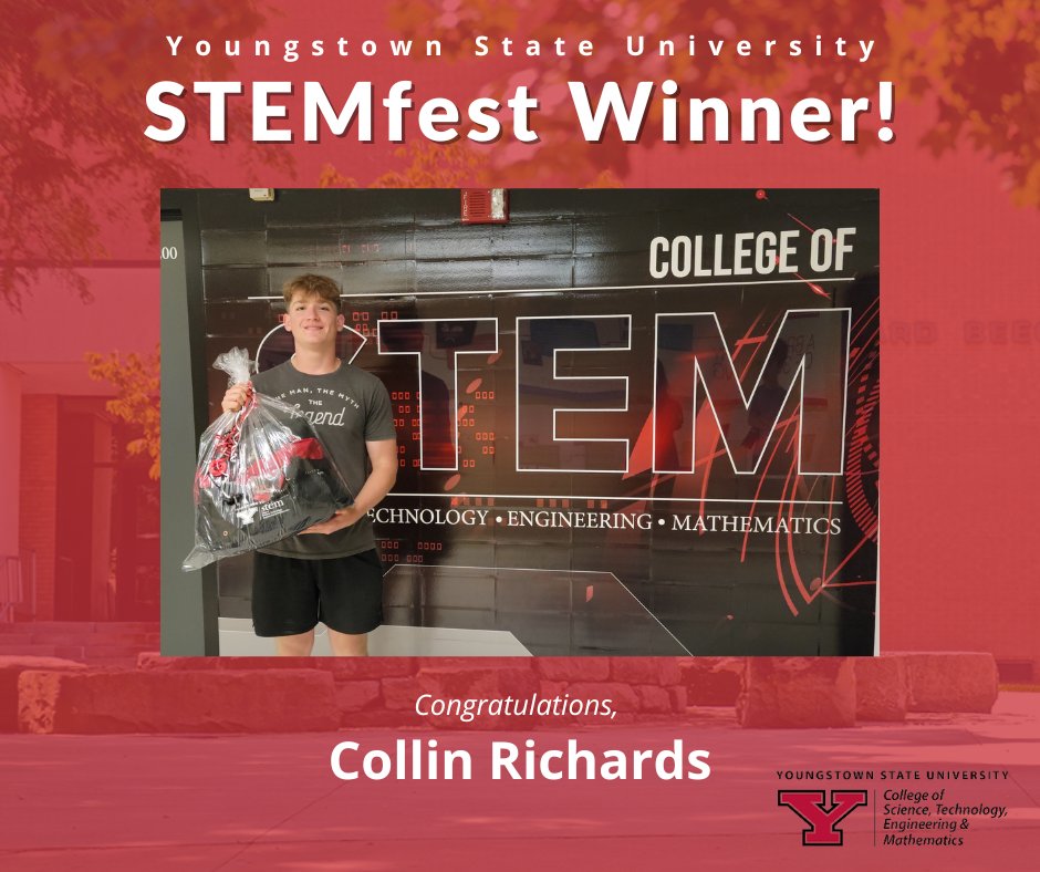 Congratulations to Collin Richards who won our duffel bag of STEM goodies by participating in STEMFest last week! Collin is an incoming honors engineering major from Hermitage, PA. Welcome, Collin, and good luck in your first semester at YSU!