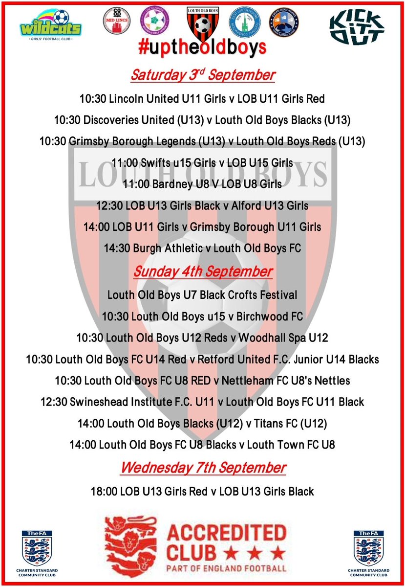 Louth_FC's tweet photo. This week's Fixtures ⚽️⚽️⚽️
Good luck to all team's kicking off their season this weekend 🍀🍀
#uptheoldboys #CommunityClub #louth #grassroots #LOBFamily #kickitout #lobgirls #lobladies #wereallgrassroots #lobseniors 🔴⚫🔴⚫🔴⚫ https://t.co/r6hl8ykIyU