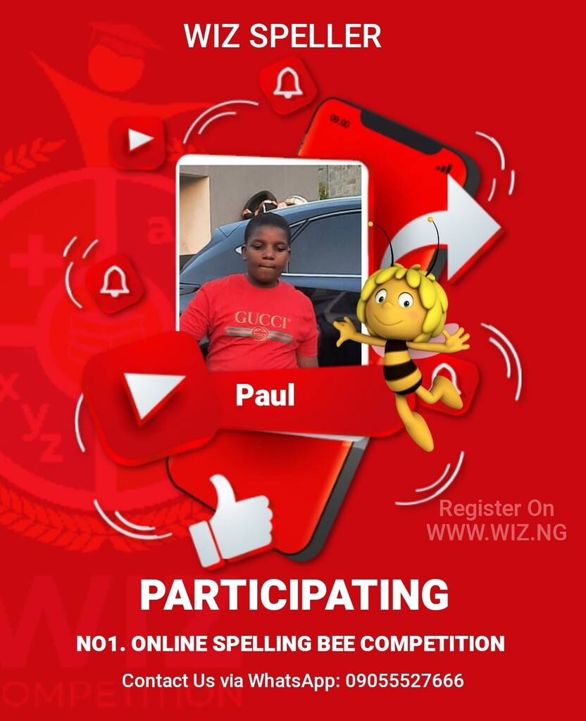 WIZ SPELLING BEE COMPETITION 🐝 2022

Opportunity to challenge your child

Bringing Out The GREATNESS in your children

Positive Engagement
Enroll them on something positive like Wiz, something that will keep them busy and motivate them to develop a k… instagr.am/p/Ch-HL0qNfyy/