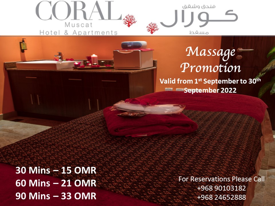 Coral_Muscat's tweet photo. Massage Promotion Valid From 1st September to 30th September 2022. https://t.co/QmxdJrdVki
