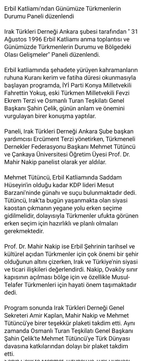 TurkmeneliTurku's tweet photo. Irak Türkleri Derneği Ankara şubesi tarafından " 31 Ağustos 1996 #ErbilKatliamı anma toplantısı ve Günümüzde Türkmenlerin Durumu ve Bölgedeki Olası Gelişmeler" Paneli düzenlendi. https://t.co/1u8EJ7PEgj
