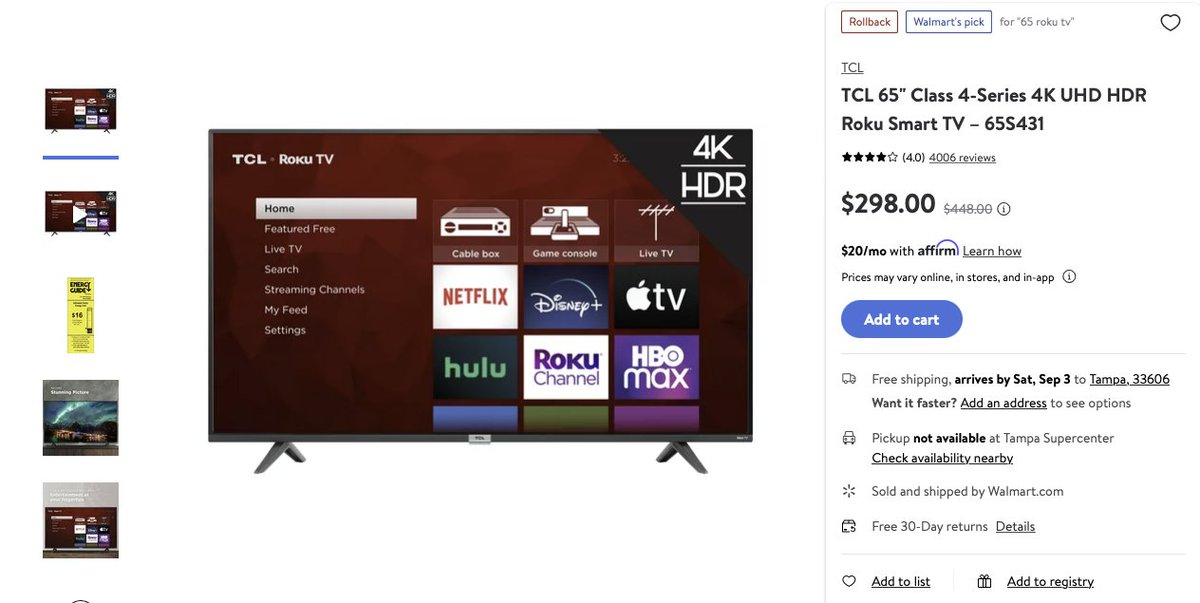LordOfRestocks's tweet photo. TCL 65" Class 4-Series 4K UHD HDR Roku Smart TV – 65S431 is $298 at Walmart. Price should be $398 👀 

🔗 - https://t.co/d8RbbJK155 https://t.co/w1TXms4Klm