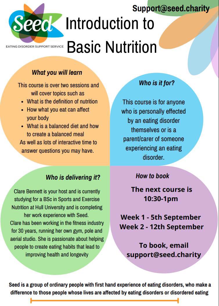 Introduction to basic Nutrition

Would you or someone you know like to understand more about nutrition when related to an eating disorder 

If you would like to attend, then please get in touch with SEED at support@seed.charity 

#eatingdisordersupport #eatingdisorderhelp