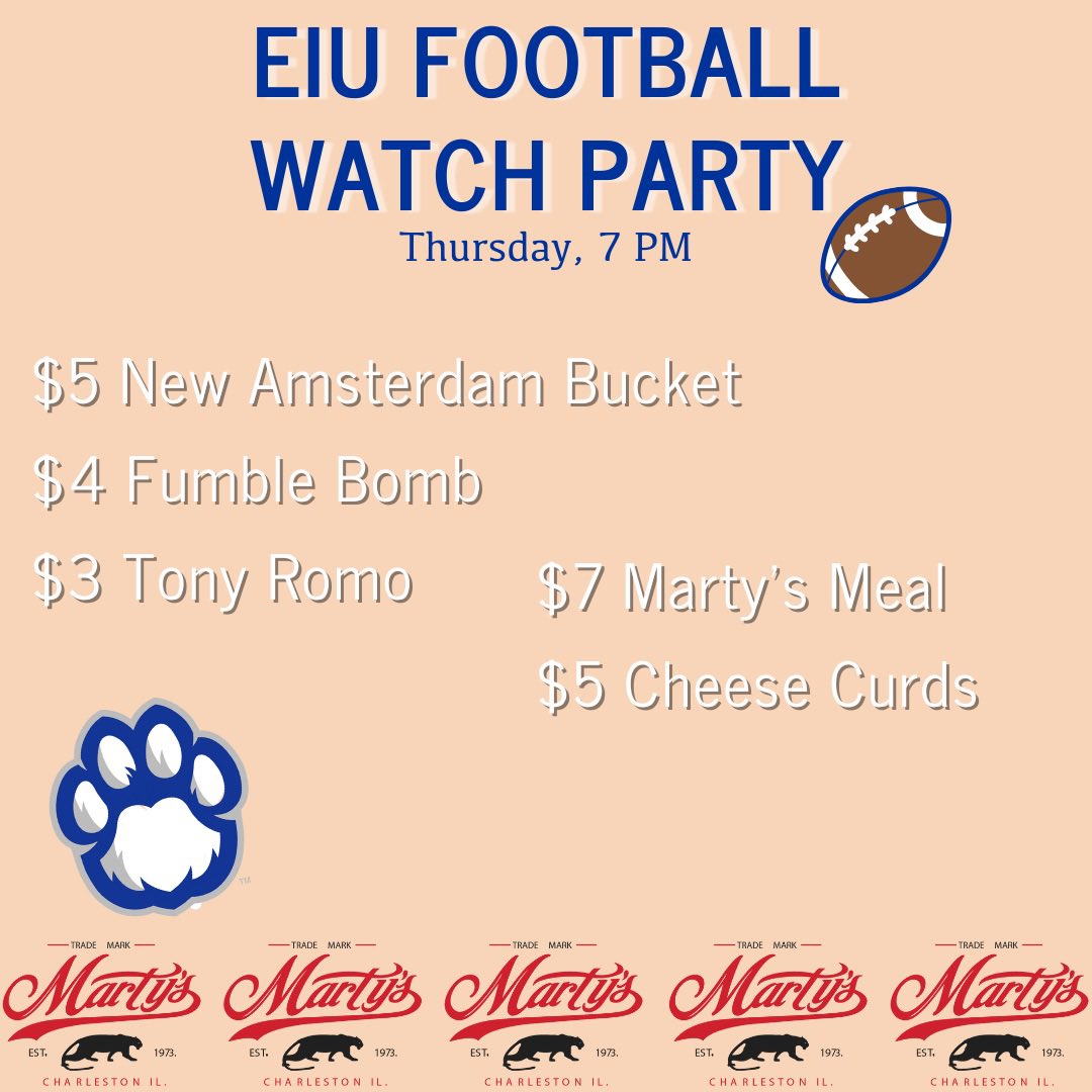 Come out for a drink for our Official EIU Season Opener Watch Party! Let’s go PANTHERS!!                                          #PantherPride #footballseason #martyseiu