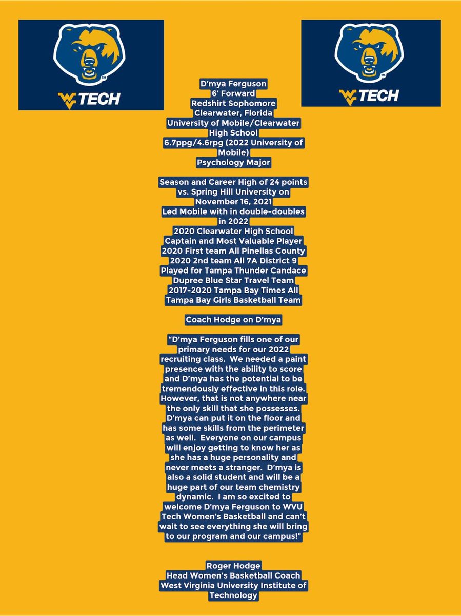 WVUTech_WBB's tweet photo. Please help us in welcome D'mya Ferguson to Golden Bear Women's Basketball. Learn about D'mya in the press release below.  @CoachAshB @DMyaFerguson @gfauber5 @WVVASPORTS @WOAYSports @59SportsZone @KeithMorehouse @wvutechsports @WVU_Tech @WVUTechAD @TJack94 @rusman1981 @Rogerhodge https://t.co/tTBvFgQvFb