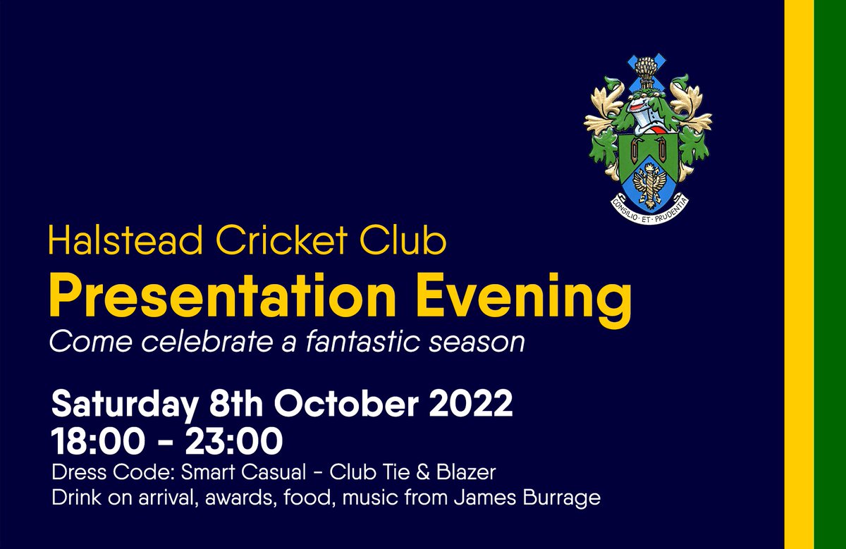 HalsteadCC's tweet photo. HCC Presentation Evening 2022 - 8th October

Drink on arrival, food included, awards galore and music from the fantastic @james_burrage, all for £20 a ticket (£5 for children)? Click the link to find out more and we'd love to see you there.

https://t.co/6iGycSZepl https://t.co/W8TiqMe2kN