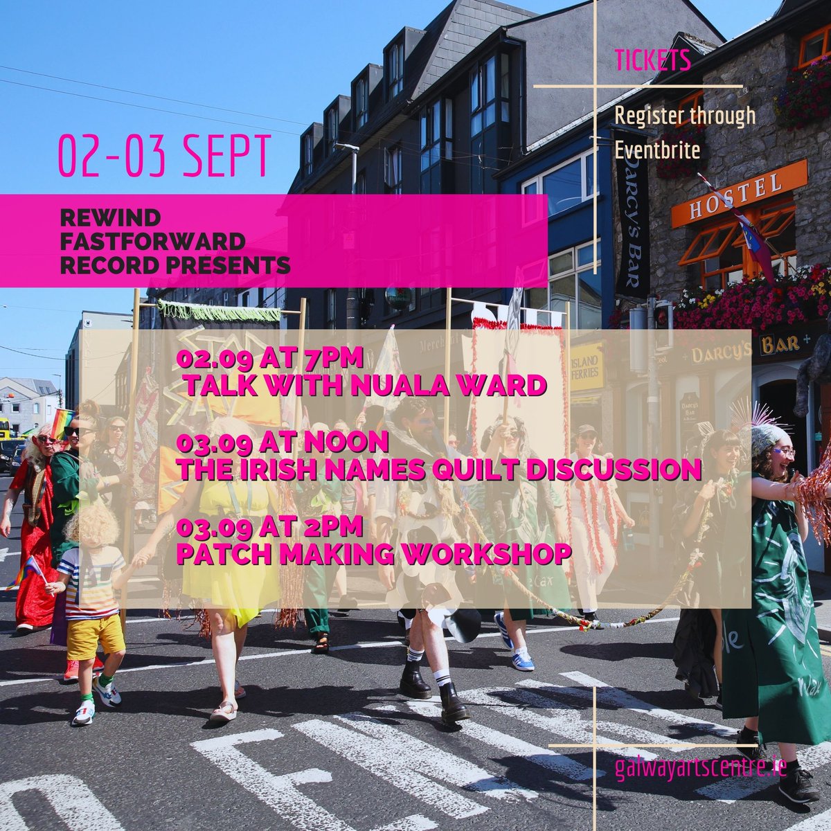 🎉 Spend your weekend with us! Check out our end of week events with Rewind Fastforward Record:

Friday, 7pm
Talk on the history of Galway Pride

Saturday, 12pm
The Irish Names Quilt Discussion

Saturday, 2pm
Patch making workshop

Book FREE tickets: linktr.ee/galwayartscent…
