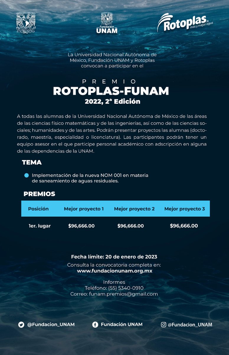 Fundacion_UNAM's tweet photo. #CONVOCATORIA Si eres del área de ciencias físico matemáticas ➗ ingenierías 🥼, ciencias sociales, humanidades y de las artes 🧑‍🎨 participa en el “Premio Rotoplas-FUNAM 2022 2ª Edición” con la presentación de un proyecto de investigación. Consulta👉 https://t.co/upDMy6wxht https://t.co/QROikZYUHN