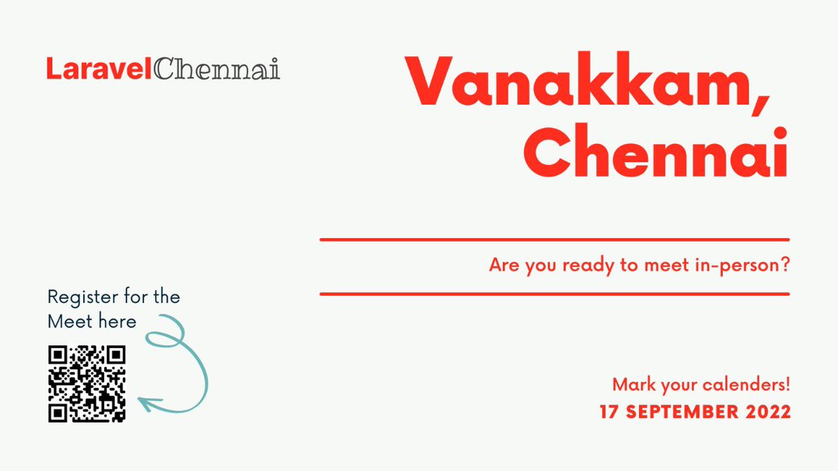 LaravelCH's tweet photo. Vanakkam!

We are back with in-person meetups! Our first in-person meetup after the pandemic is happening on September 17.

Register at https://t.co/Eeh9MC6OgW and stay-tuned for for more details on schedule, venue, and speakers. https://t.co/4pBaZM7fRb