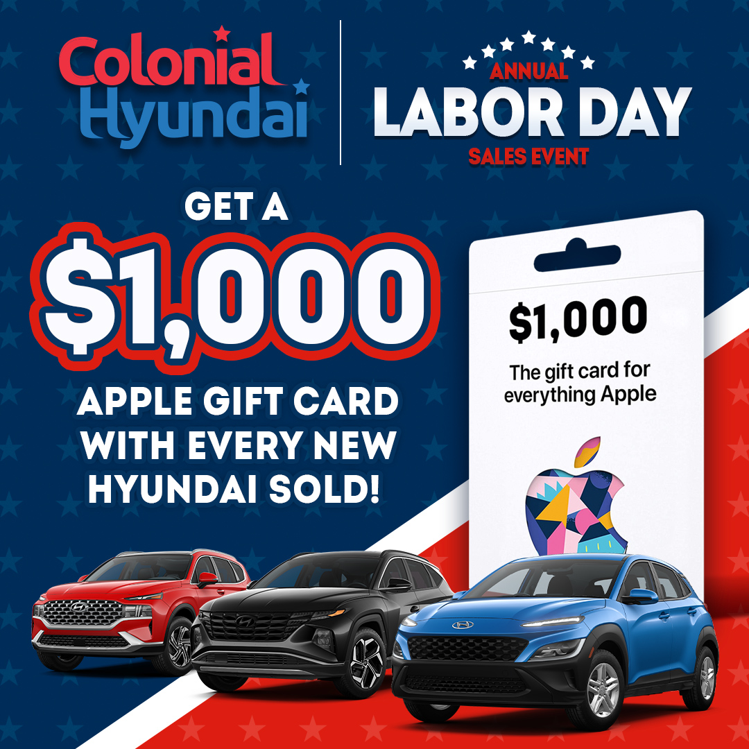 ColonialHyunda1's tweet photo. Need a new car? AND a new phone? Laptop? iPad? Visit us this weekend during our Labor Day Sales Event!

#ColonialHyundai #FastEasyBetter #LaborDay #LaborDaySalesEvent #LaborDayWeekend #giftcard #applegiftcard #newHyundai #Hyundai #downingtown #downingtownpa https://t.co/QgE7VNvOPl
