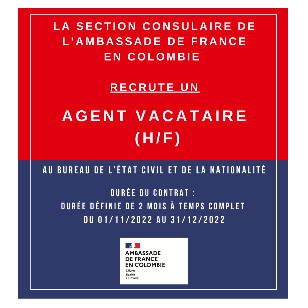 France_Colombia's tweet photo. . #boostemploi #trabajosihay
@France_Colombia
recherche un Agent vacataire à la Section Consulaire
🔵 Durée du contrat : du 01/11/2022 au 31/12/2022
🔴Candidatures⏳ 13/09/2022 12h00
Plus d’informations 👉 https://t.co/nVQqoK2qBt
#FranciaEnColombia 🇫🇷🤝🇨🇴 https://t.co/pt9TtkIDMm