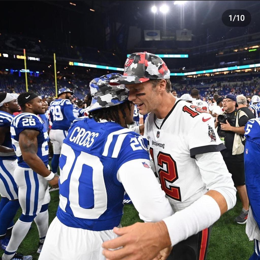 ChrisMcManes1's tweet photo. Nick Cross (DeMatha ‘19) &amp; Tom Brady embrace after last week’s Indianapolis-Tampa Bay game. Cross, a third-round draft pick out of Maryland, will make his regular-season debut Sept. 11 when the Colts travel to Houston. He is expected to start. #OneDematha https://t.co/GboAGcq3RV