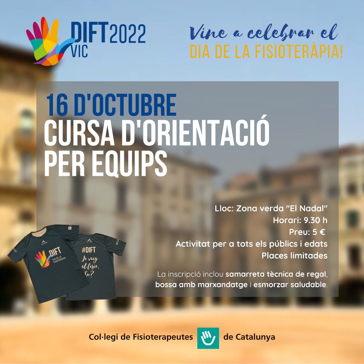 🗣️Vine a celebrar el dia de la Fisioteràpia a Vic! Des del <a href="/ColFiCat/">CFC</a> et convidem al #DIFT2022! Aquest any organitzem una cursa d'orientació per equips apta per a tothom 👏!

Per més informació i inscripcions cliqueu al següent enllaç 👇
fisioterapeutes.cat/ca/dift22
Us hi esperem😊!