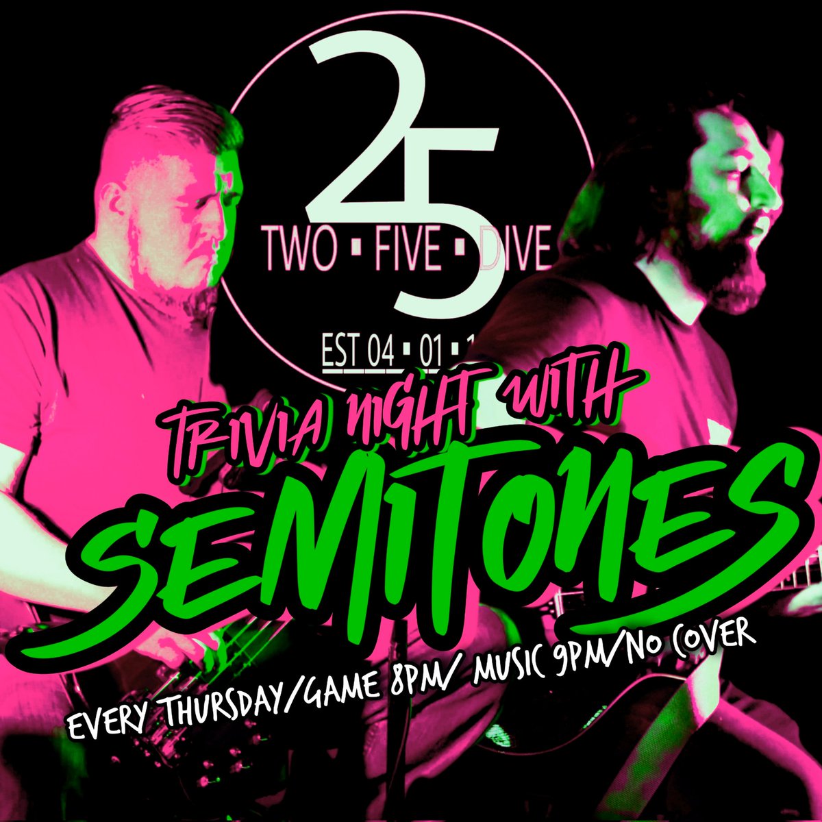 TonalityRocks's tweet photo. It's Thursday and that means #trivianight with Semitones @twofivedivebar ! Well see you at 8pm for the game, followed by acoustic jams at 9pm! Get you that prize 😉 Be sure to check out the drink specials and grab a bite to eat!
.
.
.
.
.
#TonalityRocks #SemitonesRocks #Acoustic https://t.co/pPO59Vsuyt