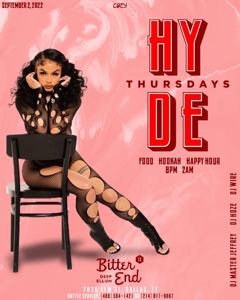 CozyHospitality's tweet photo. Bitter End Tonight #HYDEThursdays 🫣 

Food • Hookah • Happy hour 

21+ | Free Entry 
8 pm - 2 am https://t.co/lu0ydGKCJc