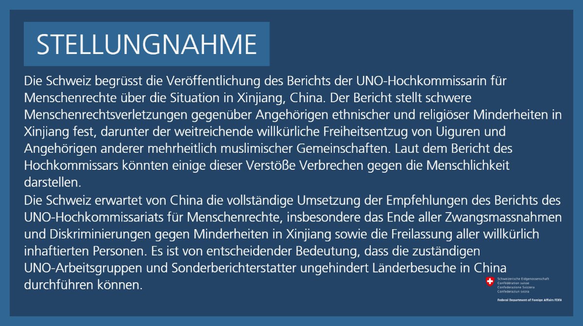 EDA - DFAE (@eda_dfae) on Twitter photo Stellungnahme der Schweiz zum <a href="/UNHumanRights/">UN Human Rights</a>-Bericht über die Situation in #Xinjiang, China Stellungnahme der Schweiz zum <a href="/UNHumanRights/">UN Human Rights</a>-Bericht über die Situation in #Xinjiang, China