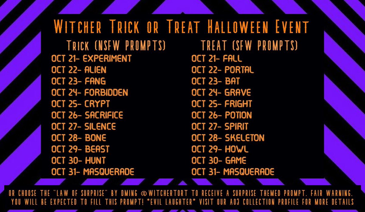 WitcherTorT's tweet photo. The spooky season is almost upon us so celebrate all the ๐Halloween festivities ๐ฆ by participating in our Witcher Trick or Treat Art/Writing Event!๐งโโ๏ธ
Here are this yearโs prompts! ๐
Follow us for more details! ๐งโโ๏ธ
#WitcherTorT2 #WitcherTorT #TheWitcher https://t.co/lZsKoaD1A6
