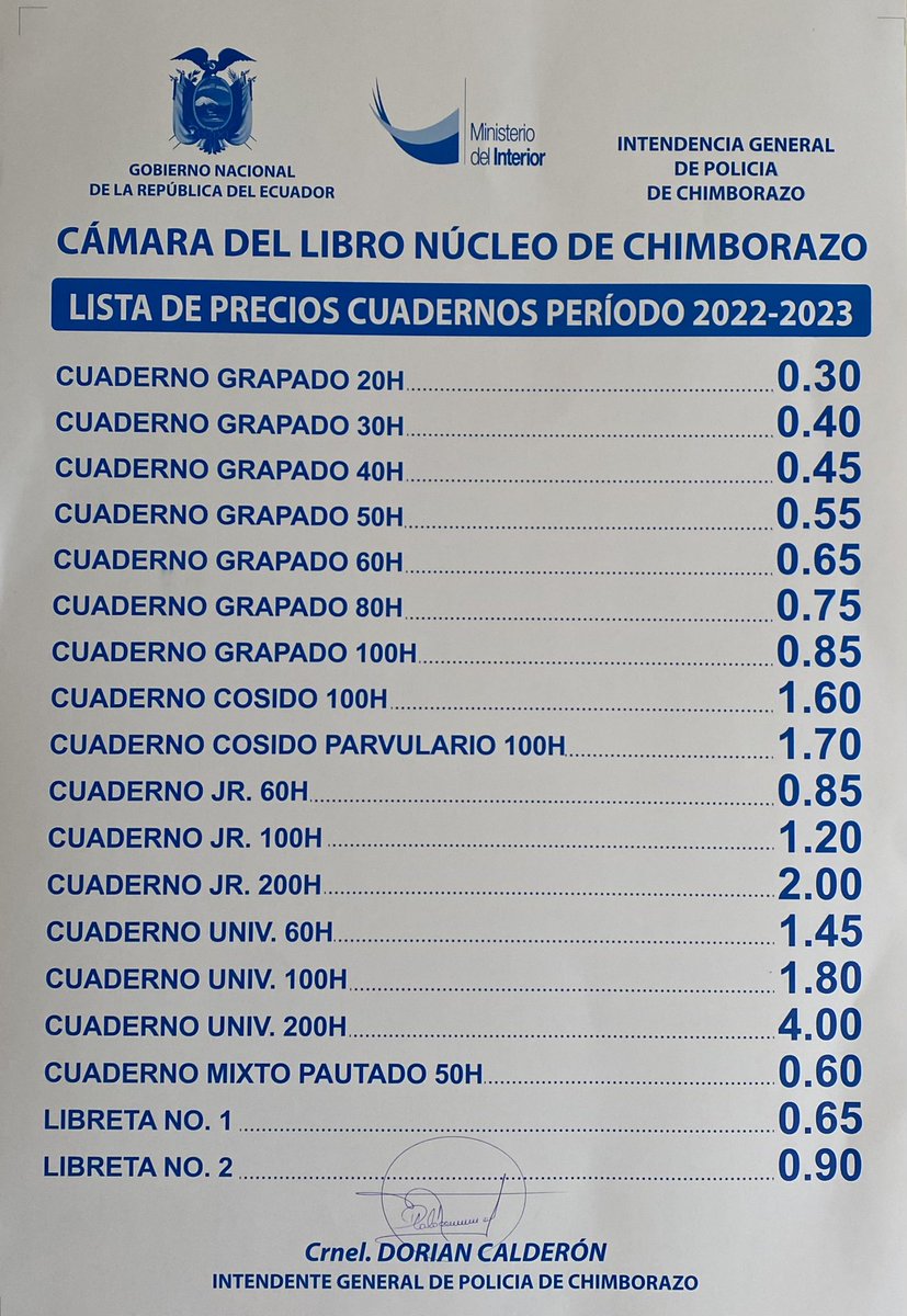 Mediante la Intendencia General de policía de #Chimborazo compartimos la Lista de precios oficial de cuadernos para el período 2022 - 2023 <a href="/DorianCaldern2/">Dorian Calderón</a>