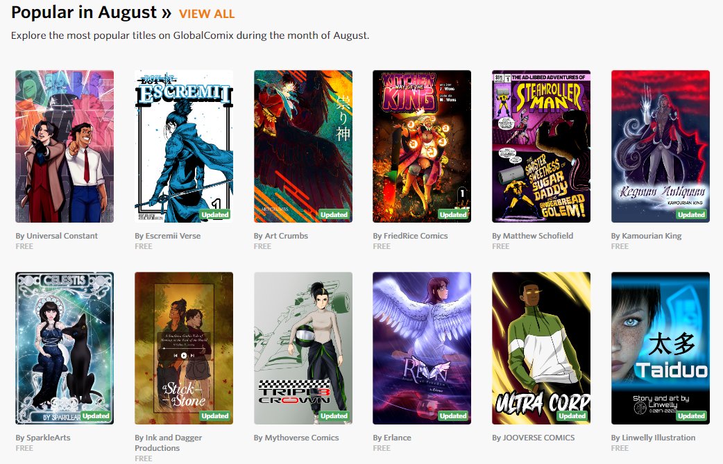 globalcomix's tweet photo. We've updated our homepage to feature the most popular titles of August. Congrats to @jhinthony, @boyofescremii, @artcrumbss, @FriedRiceComics, @Mr_Schofield, @kamourianking, @SparkleArts_, @ASAScomic, @mythoverse, @ErlanceA, @JooverseCo, & @Linwelly_3D!
https://t.co/S4kTzOmSIH https://t.co/WpRvarNEK4