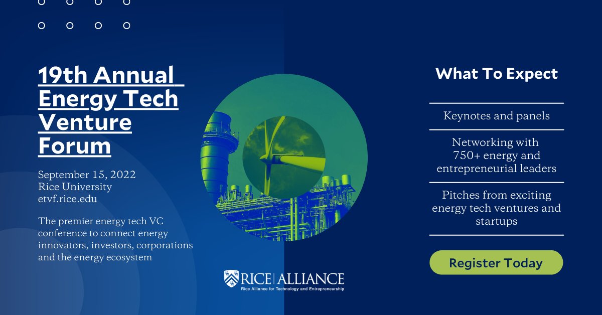 We were selected to participate at the @RiceAlliance Energy Tech Venture Forum—the premier VC + energy conference. On Sept. 15 join us for quality keynotes, educational panels and pitches from 40 emerging and successful energy ventures. Register: Etvf.rice.edu #ETVF22