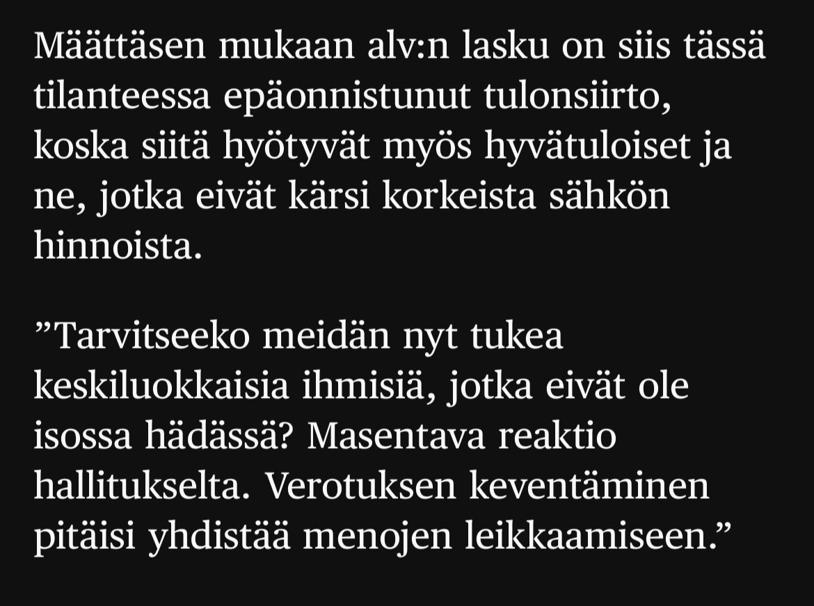 saaravto's tweet photo. Olen HS artikkelissa haastatellun Taloustieteen prof. Niku Määttäsen  kanssa samaa mieltä; alhaisella sopimuksilla olevat eivät olisi tukea tarvinneet (ml.oma perheemme). Säästöpäätösten puuttuminen tyrmistyttää. Ei jatkoon. Kannustin pitäisi olla sähkön säästöön. https://t.co/4yC0VHluSI