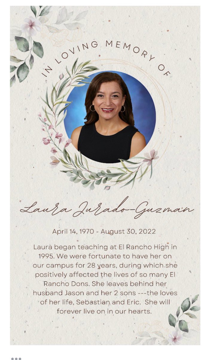elranchofedera1's tweet photo. Our colleague Laura Guzman-Jurado passed away this week. She was an amazing history teacher who cared for her students and made history fun and memorable. We will miss her professionalism and kindness. 💙💙💙 https://t.co/N99YoPNx4v
