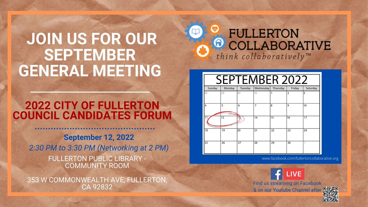 Our members will meet and conduct a 2022 City of Fullerton Council Candidates forum w/ questions addressing homelessness, early childhood, health &amp; wellness, and nxt gen (formerly at-risk youth) collaborative efforts. Open to the public and free to attend. #fullertoncollaborative