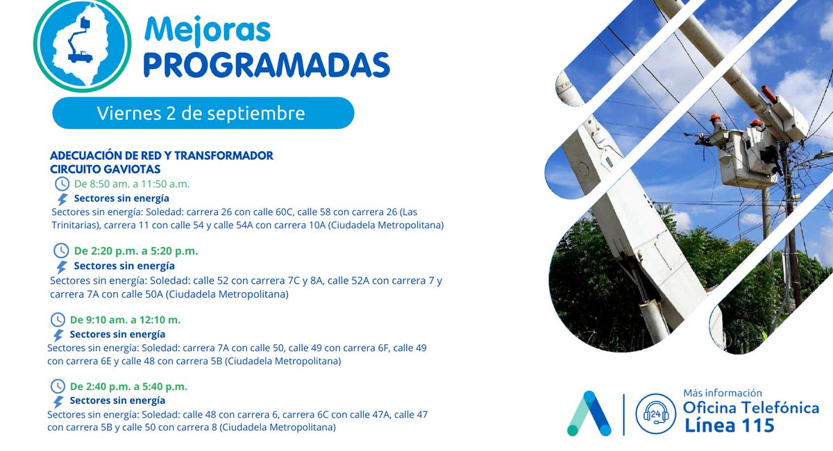 Aire_Energia's tweet photo. #EntérateAtlántico🌀En sectores del suroriente de Barranquilla este viernes 2 de septiembre se ejecutará instalación de postes y elementos eléctricos como medida para prestar un servicio de mayor calidad. Adicional, informamos labores en sectores de Puerto Colombia y Soledad⬇️ https://t.co/YT6ez5db86
