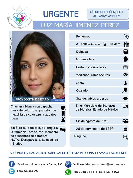 #TeBuscamos 
LUZ MARÍA JIMÉNEZ PÉREZ 
21 años (edad actual)
13 años (edad al desaparecer)
08/08/08 en #Ecatepec #Edomex RT <a href="/lydicar/">Lydiette Carrión @lydicar.bsky.social</a> <a href="/Barbieroja/">Areli Rojas Rivera</a> <a href="/udsmoficial/">Un Día Sin Mujeres</a> <a href="/brujasdelmar/">Las brujas del mar</a> <a href="/RedefemEdomex/">RedeFem EdoMex</a> <a href="/OlimpiaCMujer/">Olimpia</a> <a href="/vivirquintana/">Vivir Quintana</a> <a href="/reyeslourdes/">Lourdes Reyes ®</a> <a href="/AngelaCedeno_PI/">Missing Angels Org</a> <a href="/LaAlamedaEdoMex/">La Alameda EdoMex</a> <a href="/botDesaparecidx/">BotDesaparecidx</a>