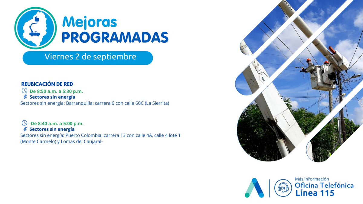 Aire_Energia's tweet photo. #EntérateAtlántico🌀En sectores del suroriente de Barranquilla este viernes 2 de septiembre se ejecutará instalación de postes y elementos eléctricos como medida para prestar un servicio de mayor calidad. Adicional, informamos labores en sectores de Puerto Colombia y Soledad⬇️ https://t.co/YT6ez5db86