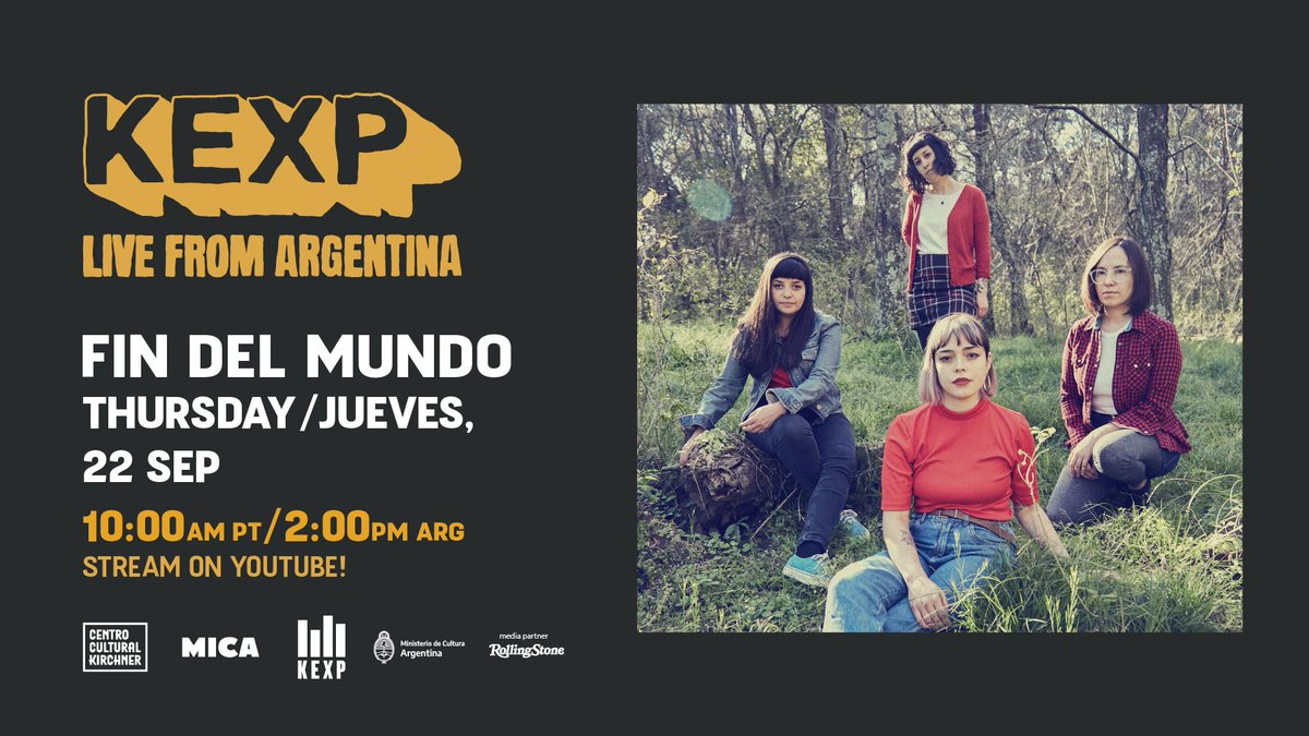 lasfindelmundo's tweet photo. 🗓️ El jueves 22/9 a las 14hs es nuestra sesión en vivo en @elCCKirchner.
🗓️ Este martes 6/9 a las 12hs pueden reservar sus entradas gratuitas (se reservan para cada banda o artista en forma individual) desde el link en nuestra bio. Más info en @MICAcultura y @kexp ❤️ https://t.co/Mpw984GQ72