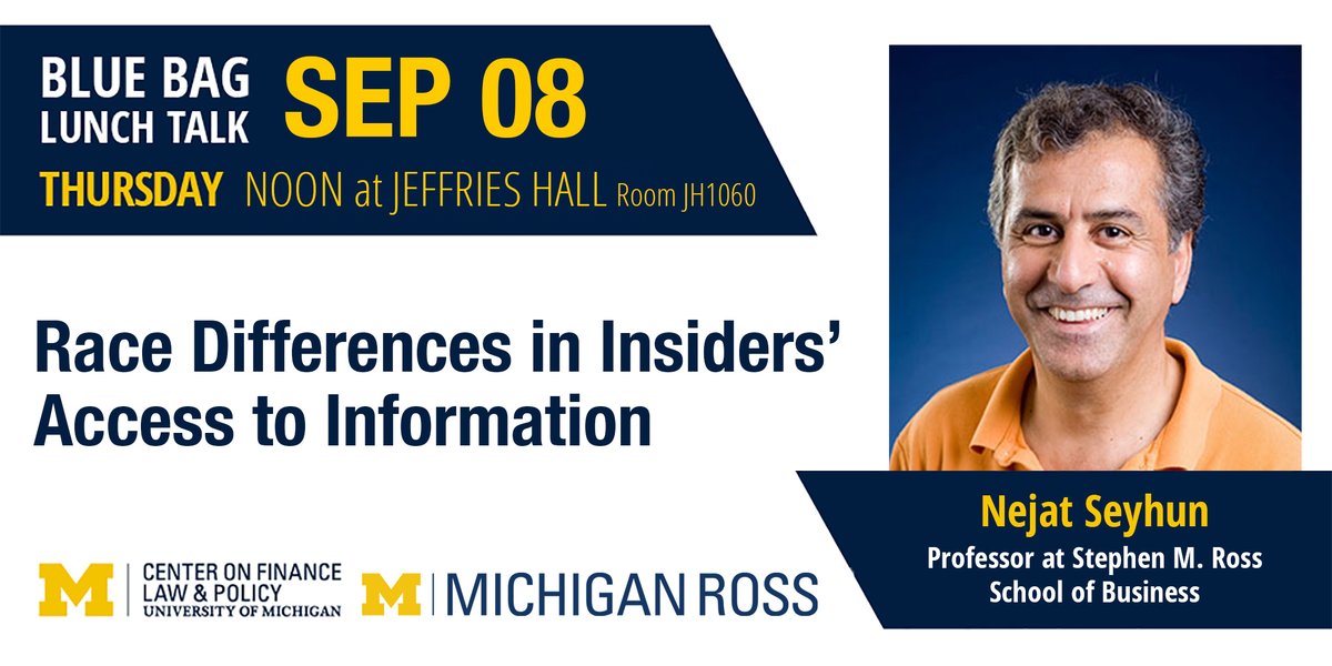 Join us Thursday, Sep. 8th where <a href="/MichiganRoss/">Ross School of Business</a>  prof. Nejat Seyhun discusses race inequalities in insider training. Register at umich.qualtrics.com/jfe/form/SV_cu…