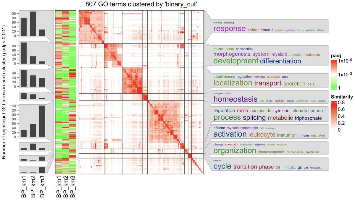 jokergoo_gu's tweet photo. New feature of the simplifyEnrichment package: add barplot annotation showing the number of significant GO terms in each cluster when comparing multiple enrichment results.

Now it is easier to show group-specific enrichment patterns. https://t.co/s3hIgkv9Sv