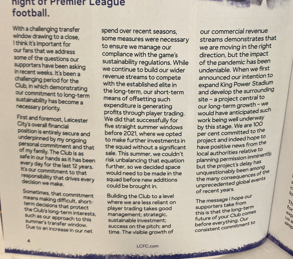 mrgeoffpeters's tweet photo. “A Message To The Supporters.”

Interesting programme notes about Leicester City’s financial situation from the chairman at #lcfc https://t.co/cjW6FqdNqL