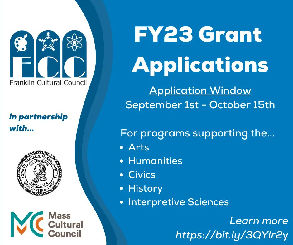 Franklin Cultural Council: FY23 Grant Applications Open Now Through October 15, 2022.
