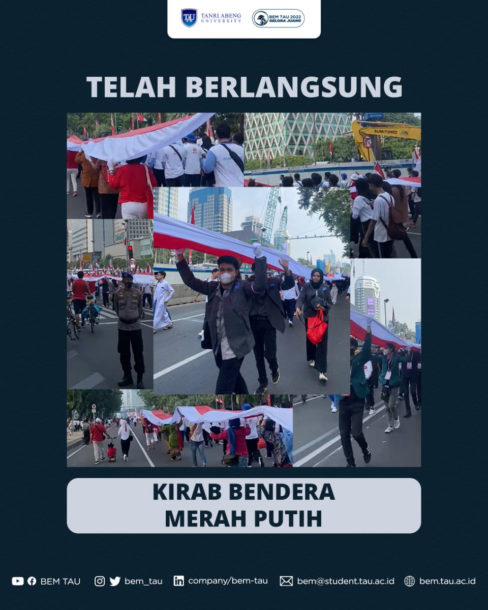 bem_tau's tweet photo. [TELAH BERLANGSUNG : KIRAB BENDERA MERAH PUTIH]

Pada Minggu, 28 Agustus 2022 BEM TAU diundang untuk menghadiri kirab bendera merah putih yang bersifat umum dengan melibatkan seluruh elemen masyarakat Indonesia. https://t.co/rz5V8RSUfH