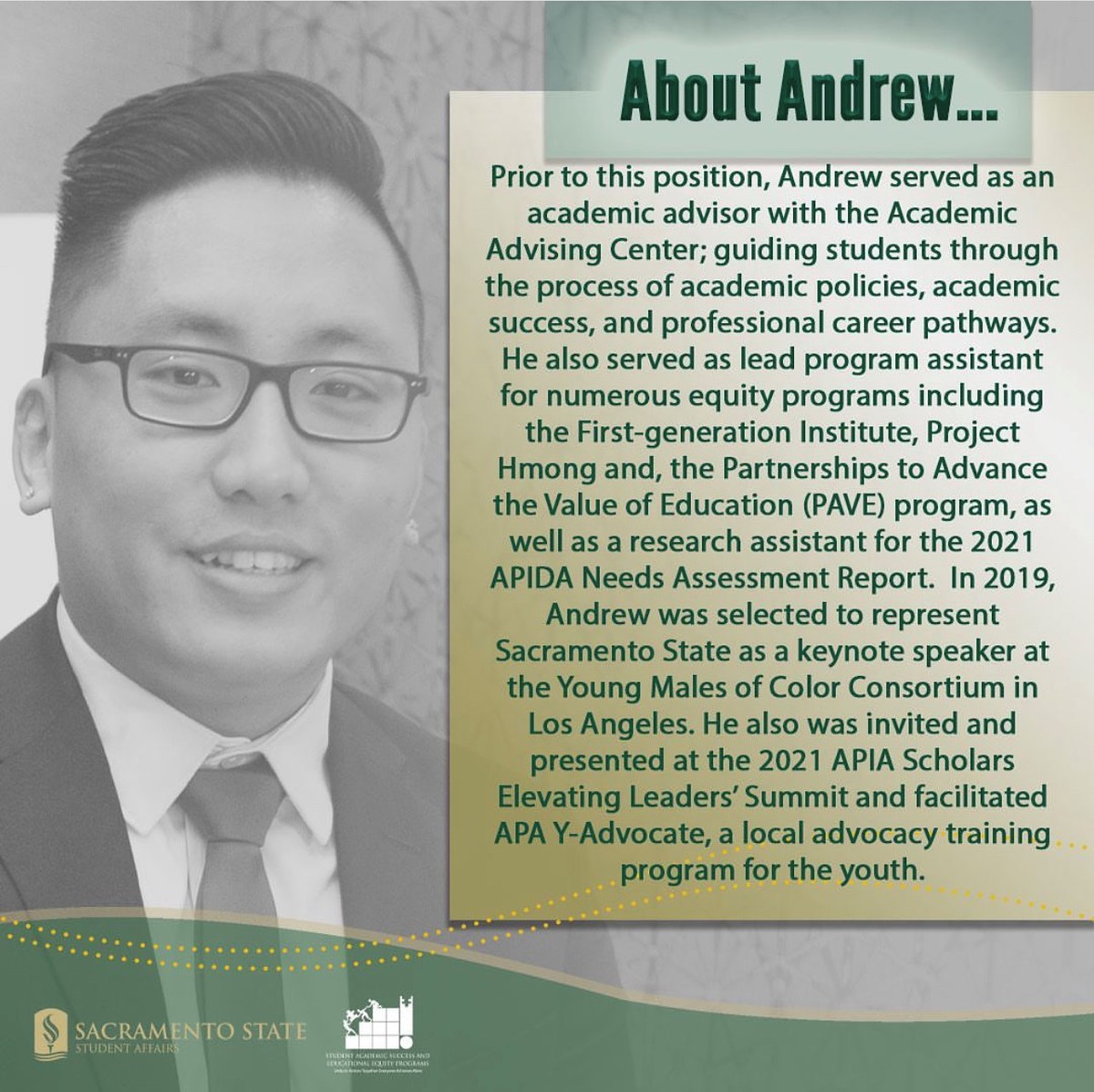 SacStatehhs's tweet photo. HHS would like to congratulate Andrew Yang! Andrew is a Recreation, Parks, and Tourism Administration Alumni and has been selected to be the Asian Pacific Islander Desi American Success Program Coordinator/Student Academic Success Counselor for the APIDA Center.
@RPTA_SacState https://t.co/mQvtH242ww