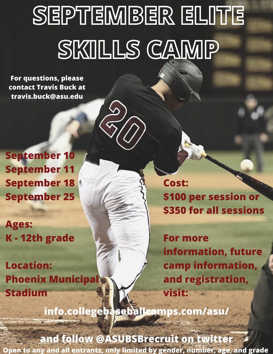 ASUBSBrecruit's tweet photo. 🚨CAMP ANNOUNCEMENT🚨

The first camp of the fall is ready to roll 👇 

Don’t miss the chance for top level instruction from the staff of Arizona State baseball https://t.co/Qvlx02ClI7