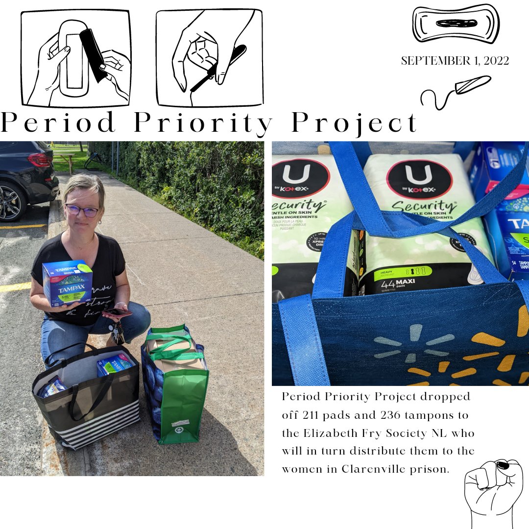 period_priority's tweet photo. Period Priority Project dropped off 211 pads and 236 tampons to the Elizabeth Fry Society NL who will in turn distribute them to the women in Clarenville prison.
Thank you @EFRY_NL 🙏🏽💖 https://t.co/4WOh29rsOz
