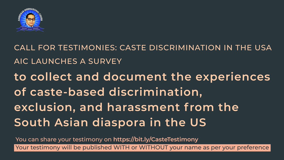 ambedkar_center's tweet photo. As part of our new policy initiative, we are collecting testimonies and experiences of discrimination, exclusion, and harassment on the basis of caste in the US.
Share your testimony here - https://t.co/LzRgZIBLp3.
#CastOutCaste #CasteInUs https://t.co/XfG0N4ZdvI