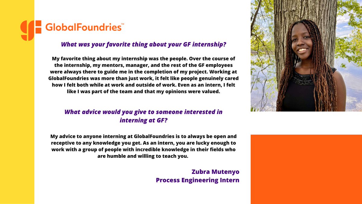 GlobalFoundries's tweet photo. As a new semester starts, we're saying thank you to our amazing #GFInterns!
Meet Zubra, who has interned with GF for back-to-back summers! Interested in joining the #ONEGF team? Learn more and apply: https://t.co/hHfddmjOkL https://t.co/hoPPDY9meh