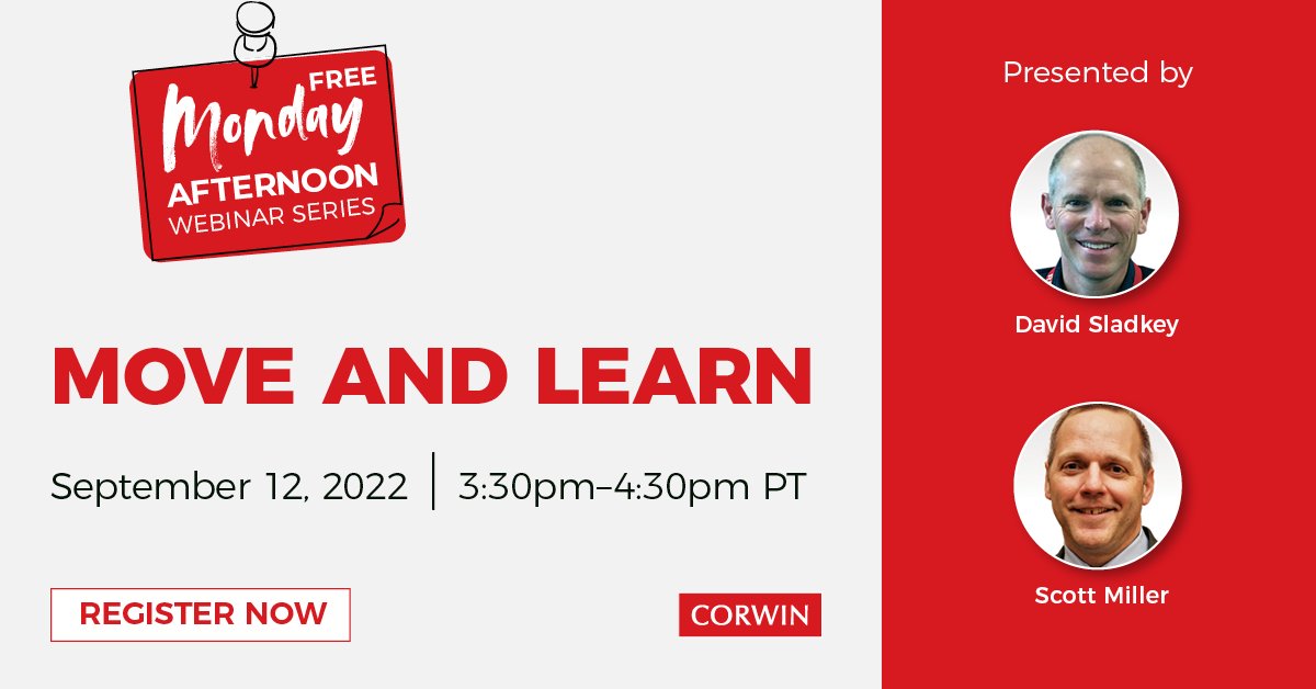 Get students refocused and refreshed by getting them moving! 🕺 Join <a href="/dsladkey/">David Sladkey</a> &amp; <a href="/smiller229/">Scott Miller</a> for a FREE Webinar on Sept 12 &amp; see how you can bring #brainbreaks to your classroom. Register Now: ow.ly/9faR50Kqf8n
