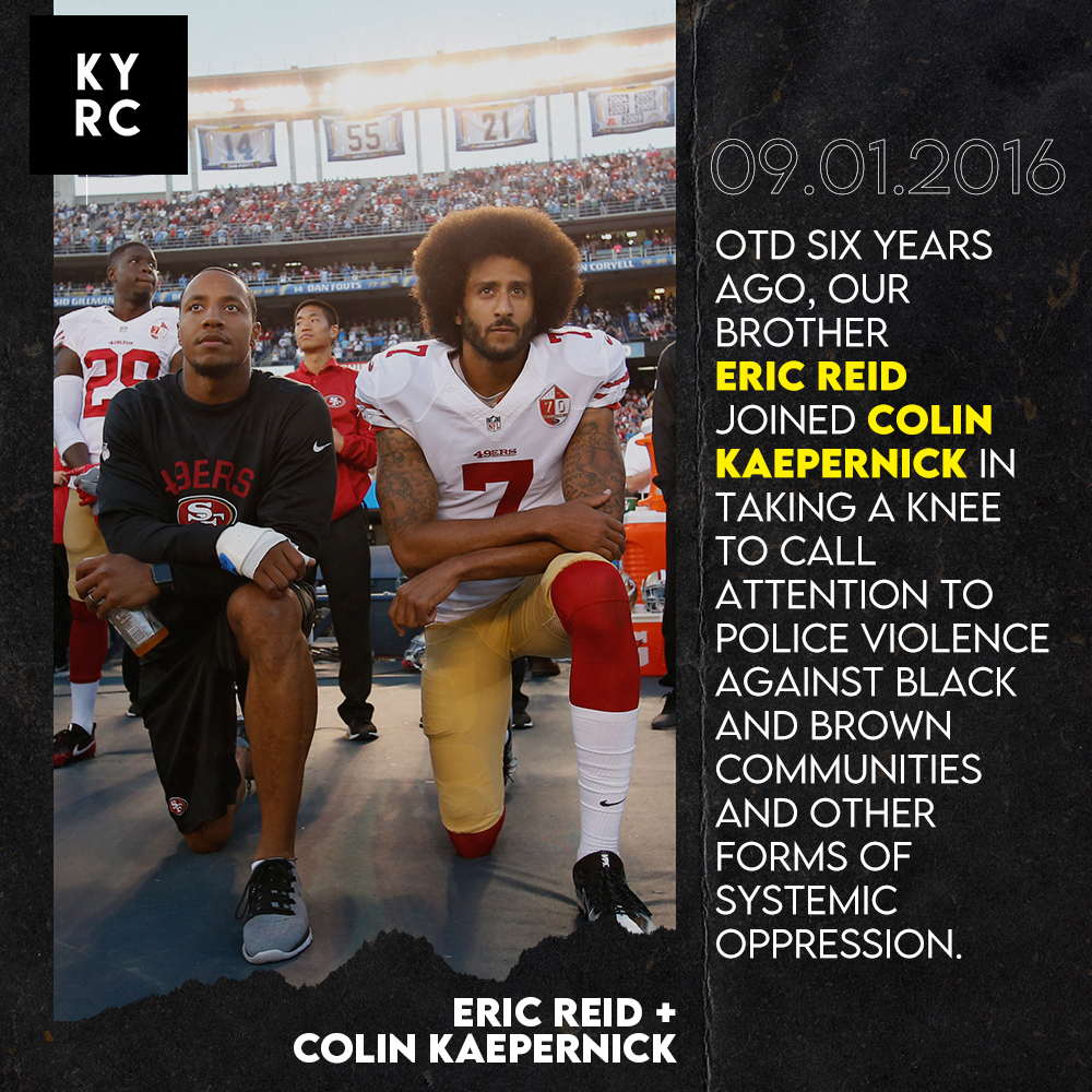OTD six years ago, our brother <a href="/e_reid35/">Eric Reid</a> joined <a href="/kaepernick7/">Colin Kaepernick</a> in taking a knee to call attention to police violence against Black and Brown communities and other forms of systemic oppression.
1/3