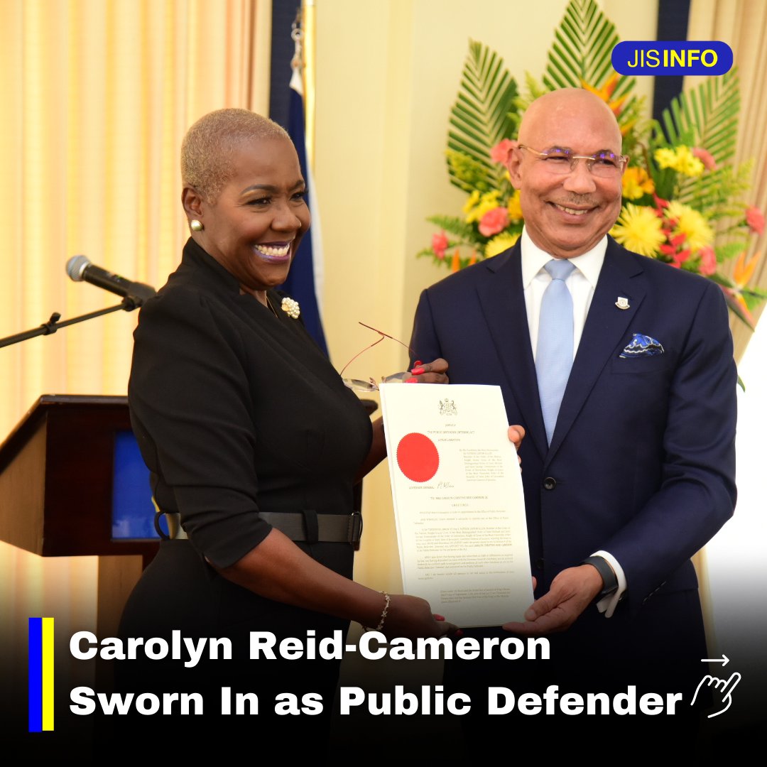 JISNews's tweet photo. Join us in congratulating Carolyn Reid-Cameron on being sworn in as the new Public Defender!🥳

She is the second woman to be appointed to the post.

Swipe for highlights from today's swearing-in ceremony! https://t.co/uVI8tcmxi6
