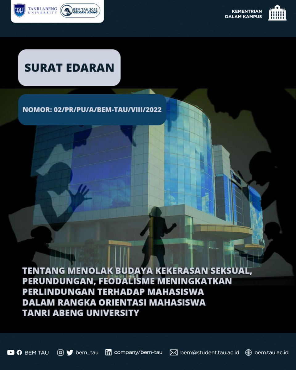 bem_tau's tweet photo. [RILIS PERS : MENOLAK BUDAYA KEKERASAN SEKSUAL, PERUNDUNGAN, FEODALISME. MENINGKATKAN PERLINDUNGAN MAHASISWA DALAM RANGKA ORIENTASI MAHASISWA TANRI ABENG UNIVERSITY]

Halo teman - teman juang!

Berikut ini adalah Surat Edaran mengenai penolakan segala bentuk kekerasan maupun https://t.co/KoX3vQwmo7
