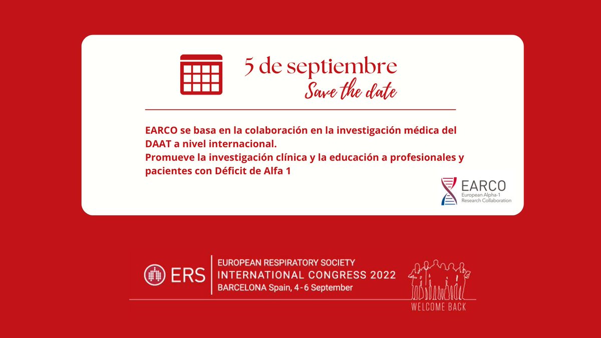 andaluciaalfa1's tweet photo. Save the Date 📅 Lunes 05/09/22
Reunión #EARCO Congreso ERS en Barcelona
EARCO es un nexo de unión entre los profesionales #médicos europeos interesados en el #DAAT.
Promueven la investigación clínica y la educación
🤩 ¡Gracias por existir!
#Salud #health #medicine #research https://t.co/LB696tN9uG